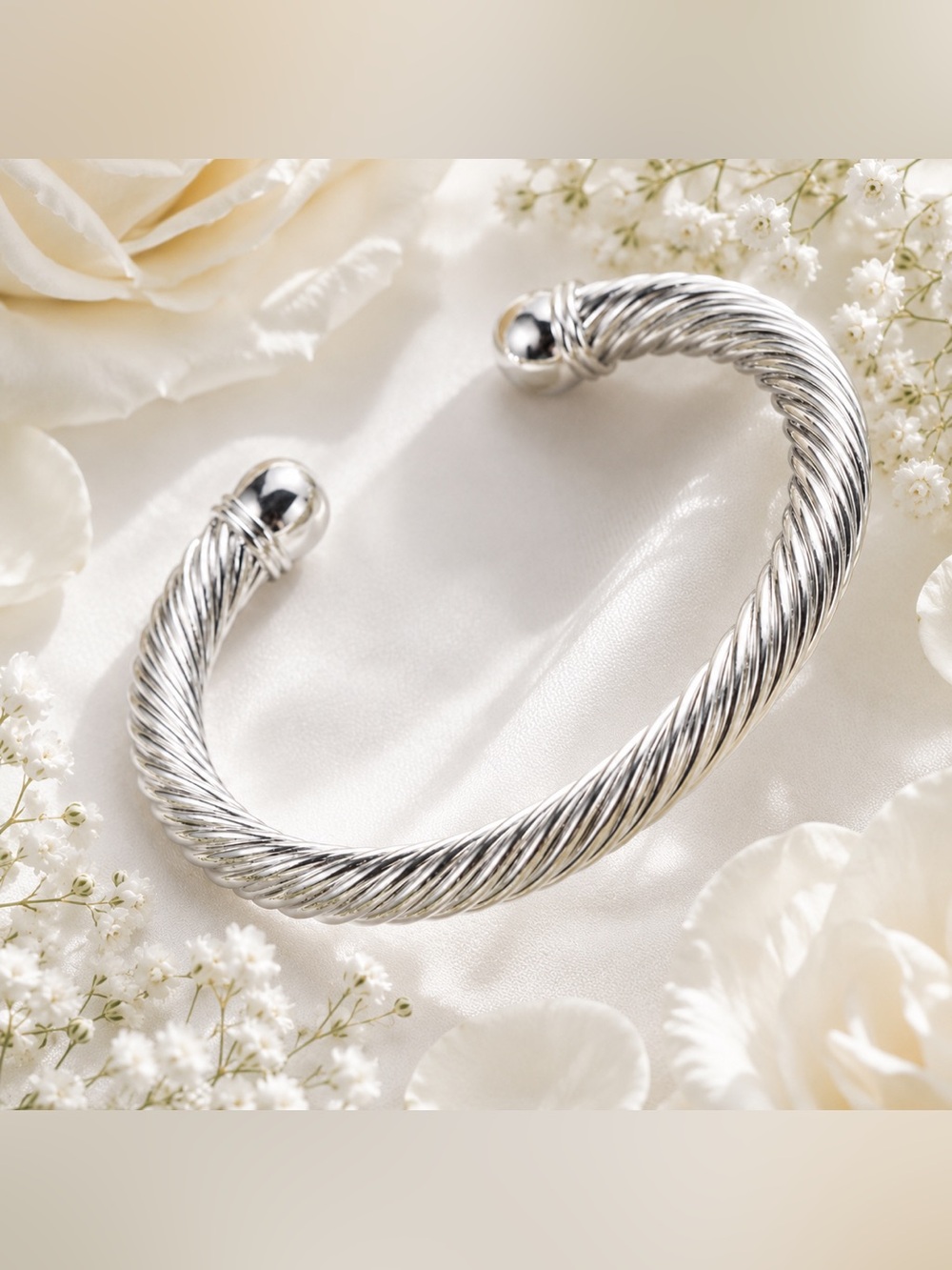 Elegant Twisted Cable Open Cuff Bracelet - Silver